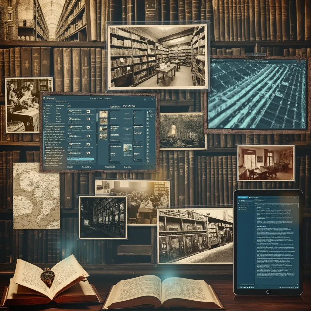 Vintage photo montage showing growth of business literature access