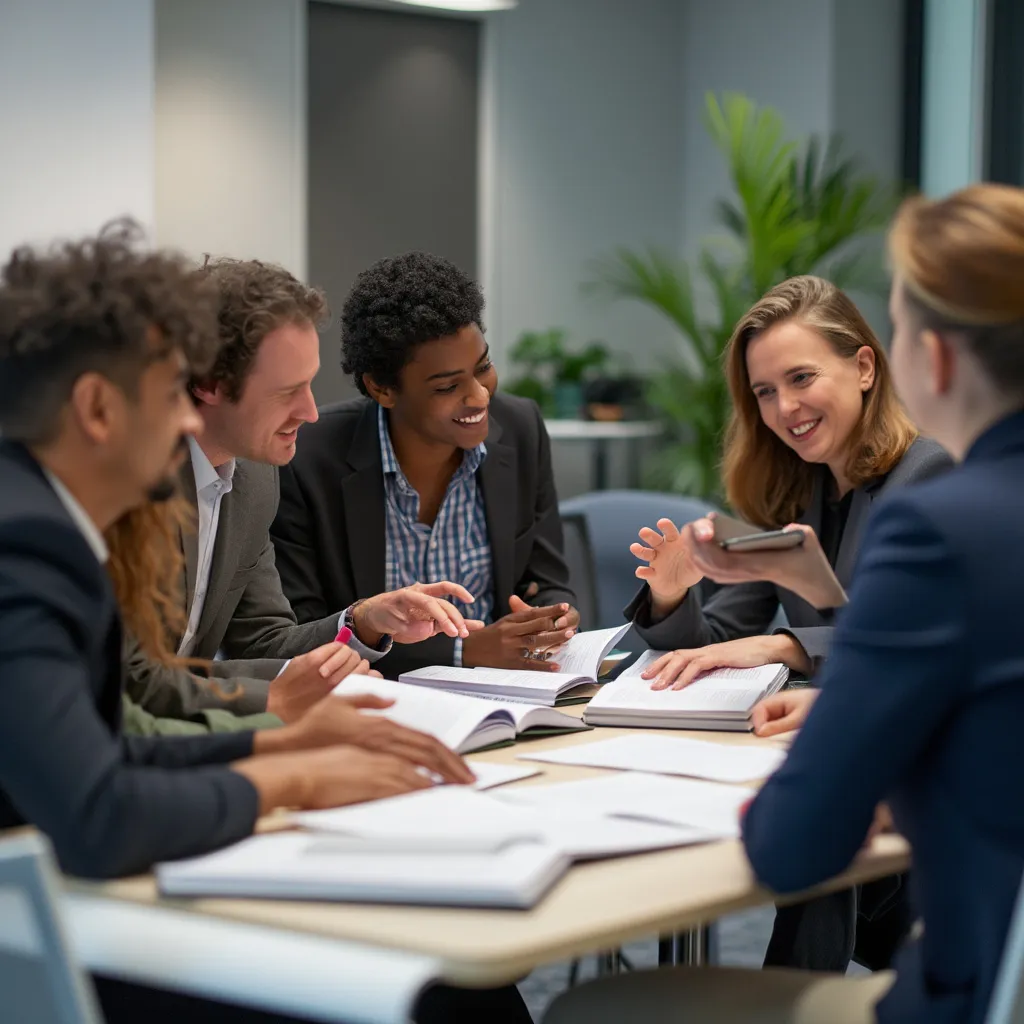 Team discussing business books in a modern UK office