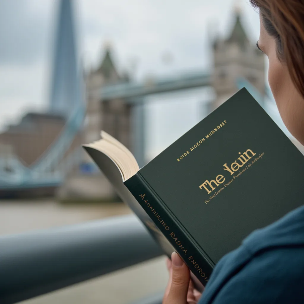 Person reading business book with UK backdrop